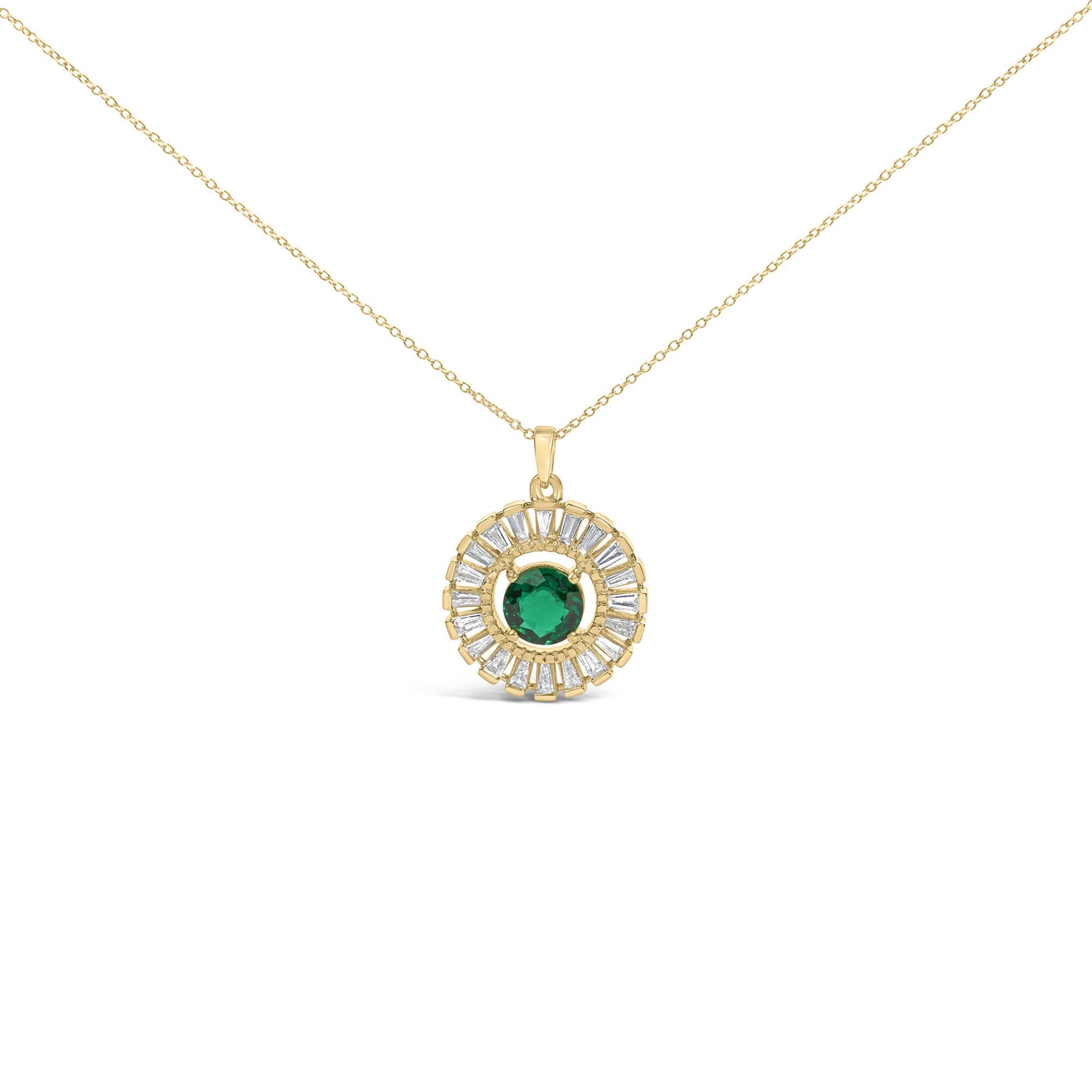 14K Yellow Gold Plated Silver Created Emerald and Diamond Sunburst Medallion Pendant Necklace