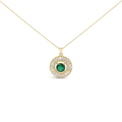 14K Yellow Gold Plated Silver Created Emerald and Diamond Sunburst Medallion Pendant Necklace