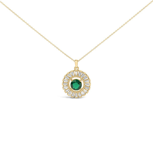 14K Yellow Gold Plated Silver Lab Grown Emerald and Diamond Sunburst Medallion Pendant Necklace