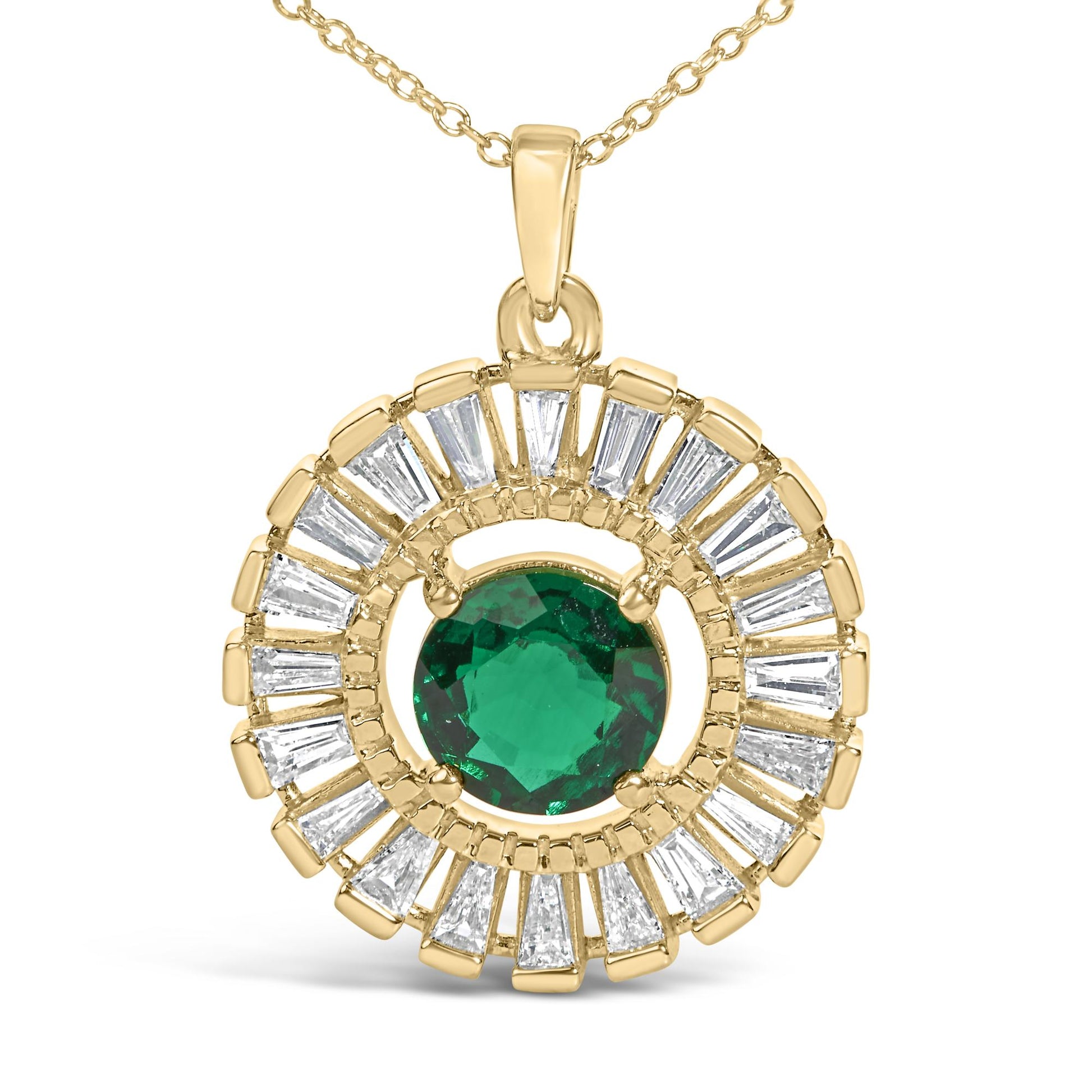14K Yellow Gold Plated Silver Created Emerald and Diamond Sunburst Medallion Pendant Necklace