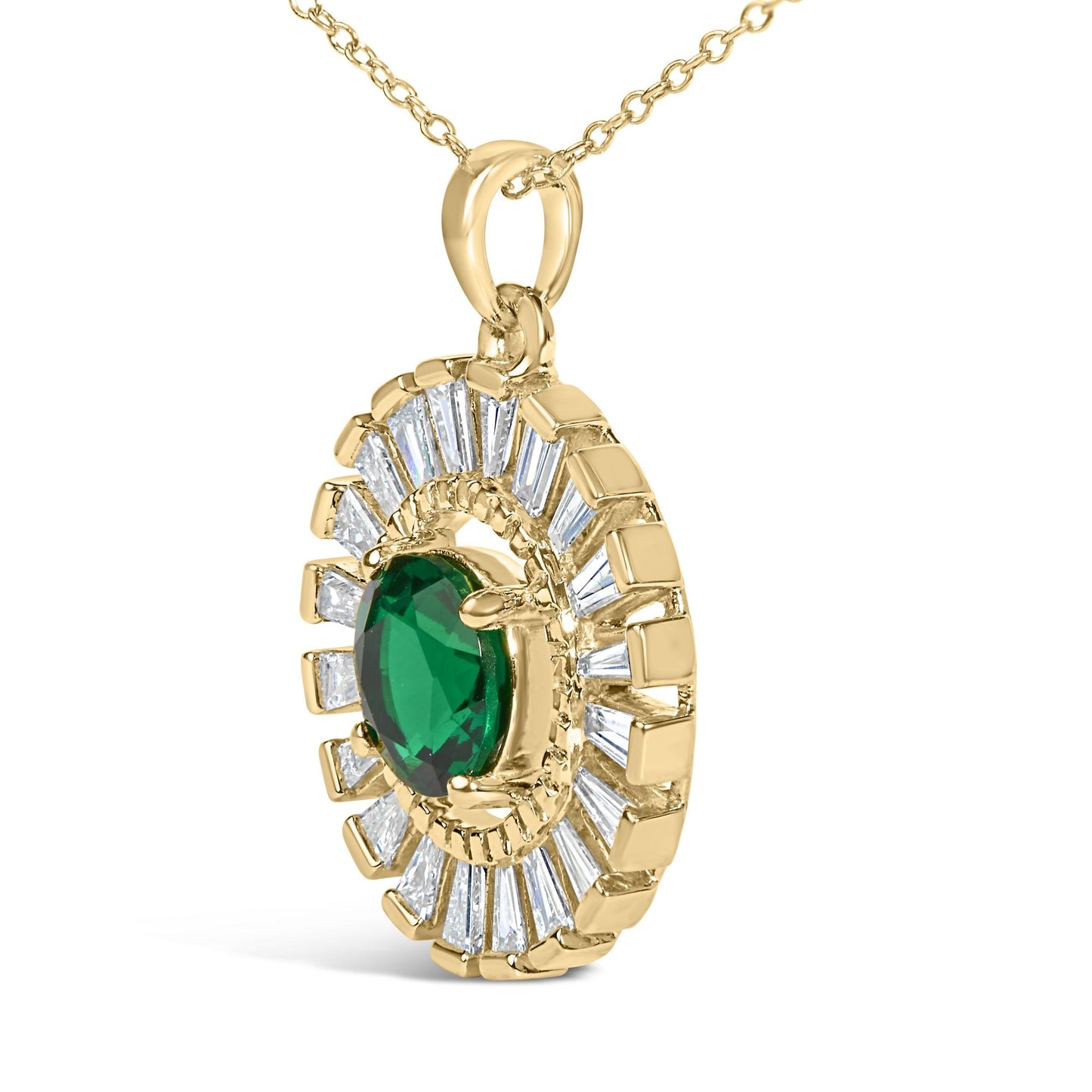 14K Yellow Gold Plated Silver Created Emerald and Diamond Sunburst Medallion Pendant Necklace
