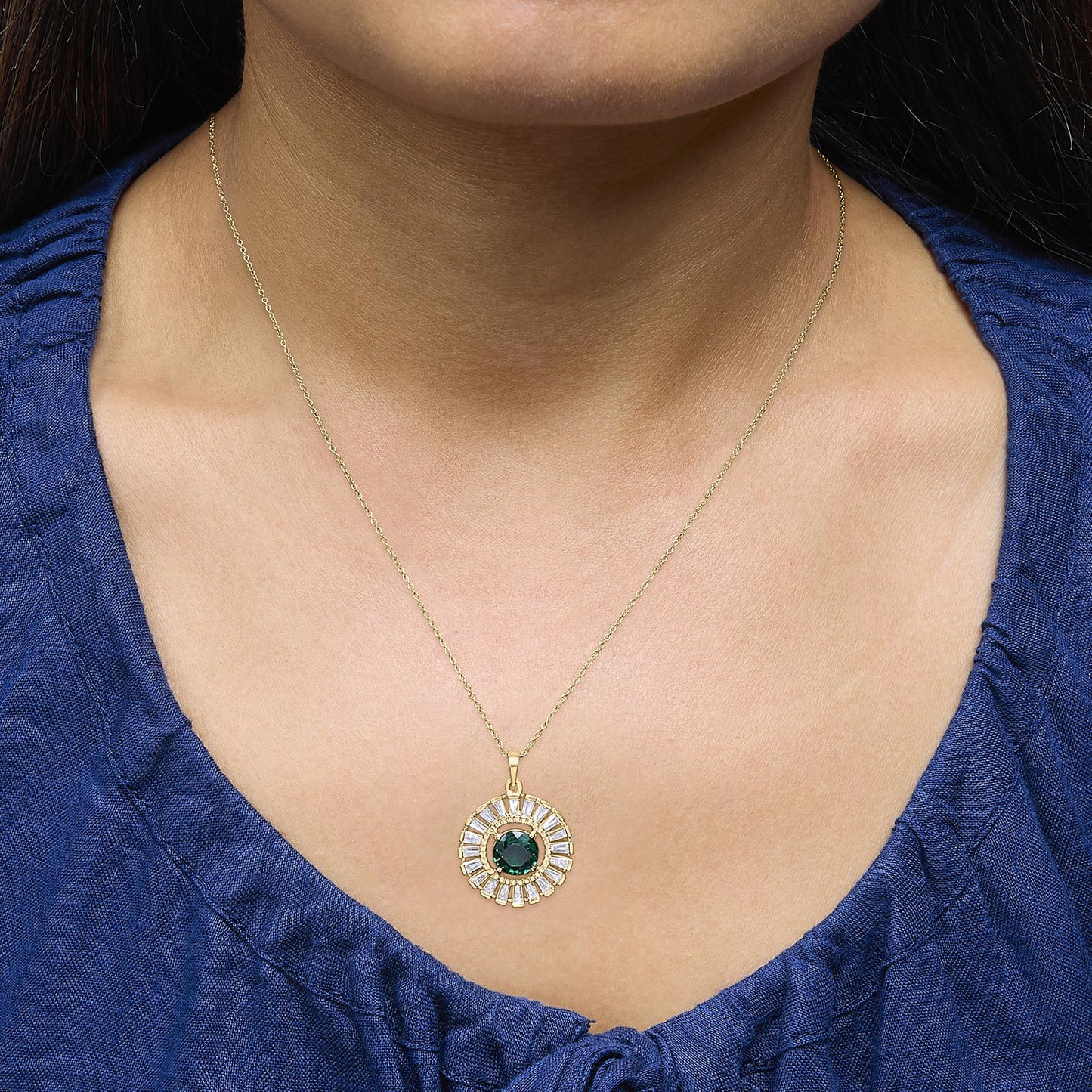 14K Yellow Gold Plated Silver Created Emerald and Diamond Sunburst Medallion Pendant Necklace