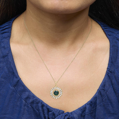 14K Yellow Gold Plated Silver Created Emerald and Diamond Sunburst Medallion Pendant Necklace