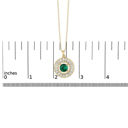 14K Yellow Gold Plated Silver Created Emerald and Diamond Sunburst Medallion Pendant Necklace