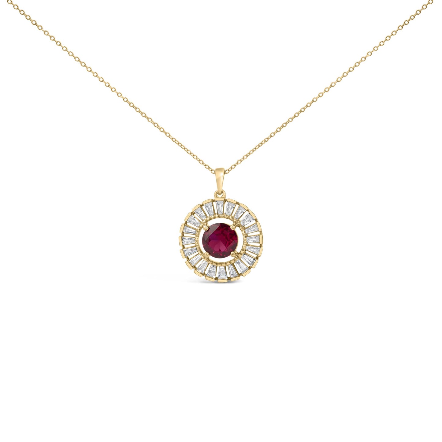Yellow metal necklace shown from the front angle featuring a circular pendant with a center red round gemstone surrounded by an array of white baguette-shaped gemstones in a channel setting.