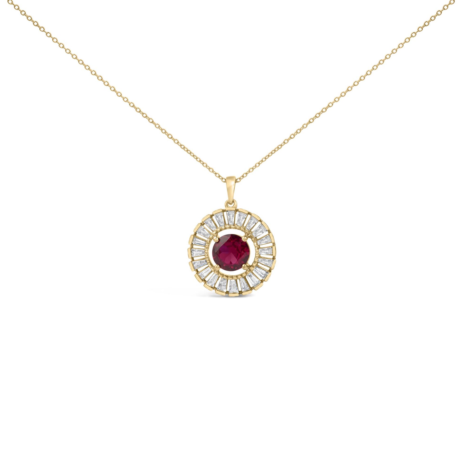 Yellow metal necklace shown from the front angle featuring a circular pendant with a center red round gemstone surrounded by an array of white baguette-shaped gemstones in a channel setting.