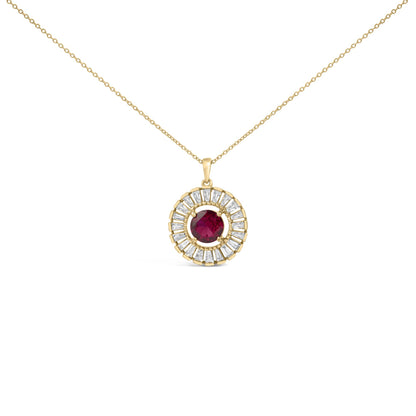 Yellow metal necklace shown from the front angle featuring a circular pendant with a center red round gemstone surrounded by an array of white baguette-shaped gemstones in a channel setting.