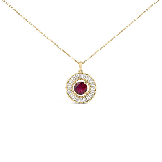 Yellow metal necklace shown from the front angle featuring a circular pendant with a center red round gemstone surrounded by an array of white baguette-shaped gemstones in a channel setting.
