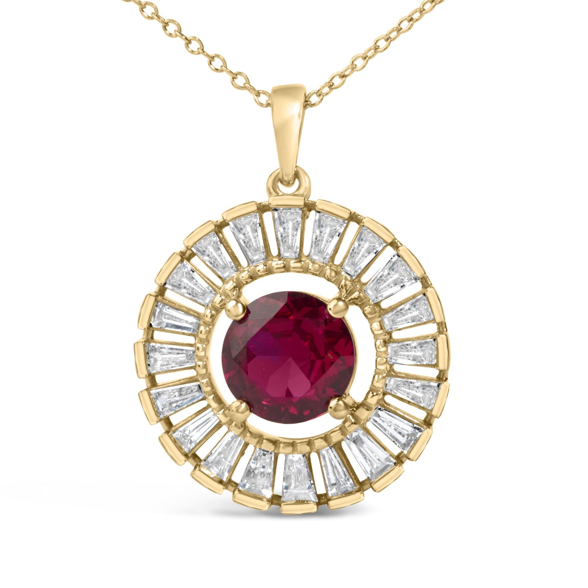 Close-up front view of a yellow metal necklace pendant featuring a round red gemstone center, surrounded by a circular arrangement of white baguette-shaped gemstones in a channel setting.