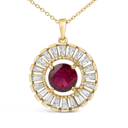 Close-up front view of a yellow metal necklace pendant featuring a round red gemstone center, surrounded by a circular arrangement of white baguette-shaped gemstones in a channel setting.