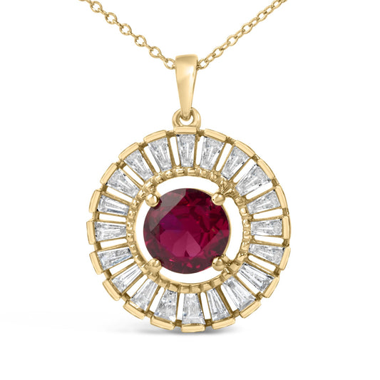 Close-up front view of a yellow metal necklace pendant featuring a round red gemstone center, surrounded by a circular arrangement of white baguette-shaped gemstones in a channel setting.