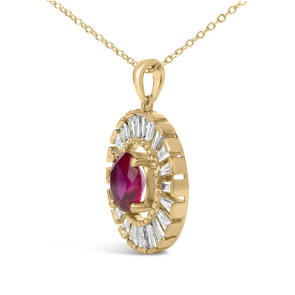 Close-up side angle of a yellow metal necklace pendant featuring a round red gemstone in the center surrounded by multiple white baguette-shaped gemstones in a channel setting. The pendant is attached to a yellow metal chain.