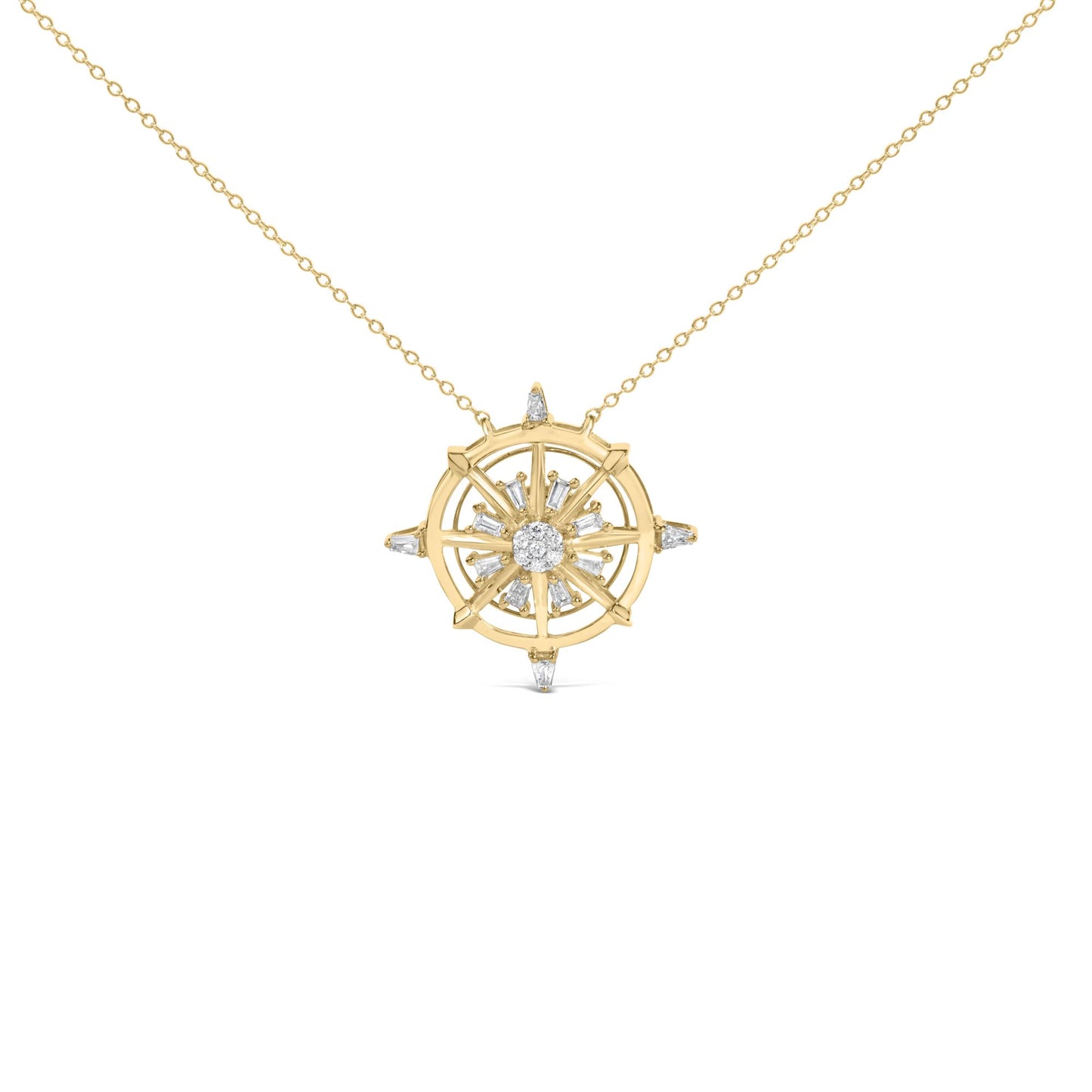Front view of a yellow necklace with a round compass-shaped pendant featuring prong-set white round and baguette gemstones, shown on a white background.