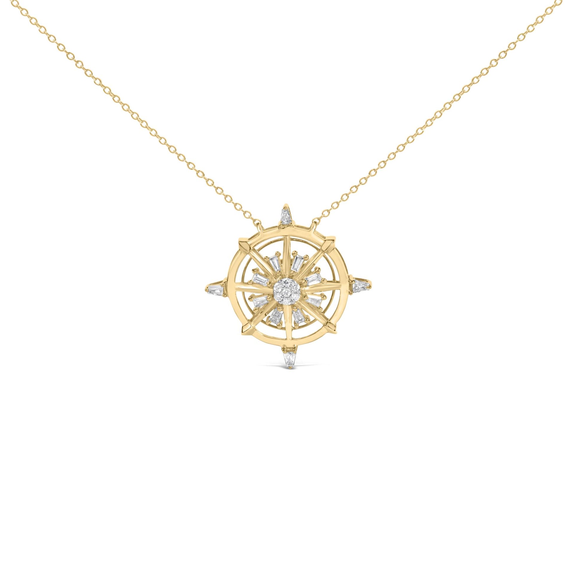 Front view of a yellow necklace with a round compass-shaped pendant featuring prong-set white round and baguette gemstones, shown on a white background.
