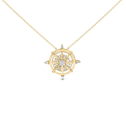 Front view of a yellow necklace with a round compass-shaped pendant featuring prong-set white round and baguette gemstones, shown on a white background.