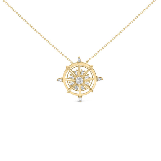 Front view of a yellow necklace with a round compass-shaped pendant featuring prong-set white round and baguette gemstones, shown on a white background.