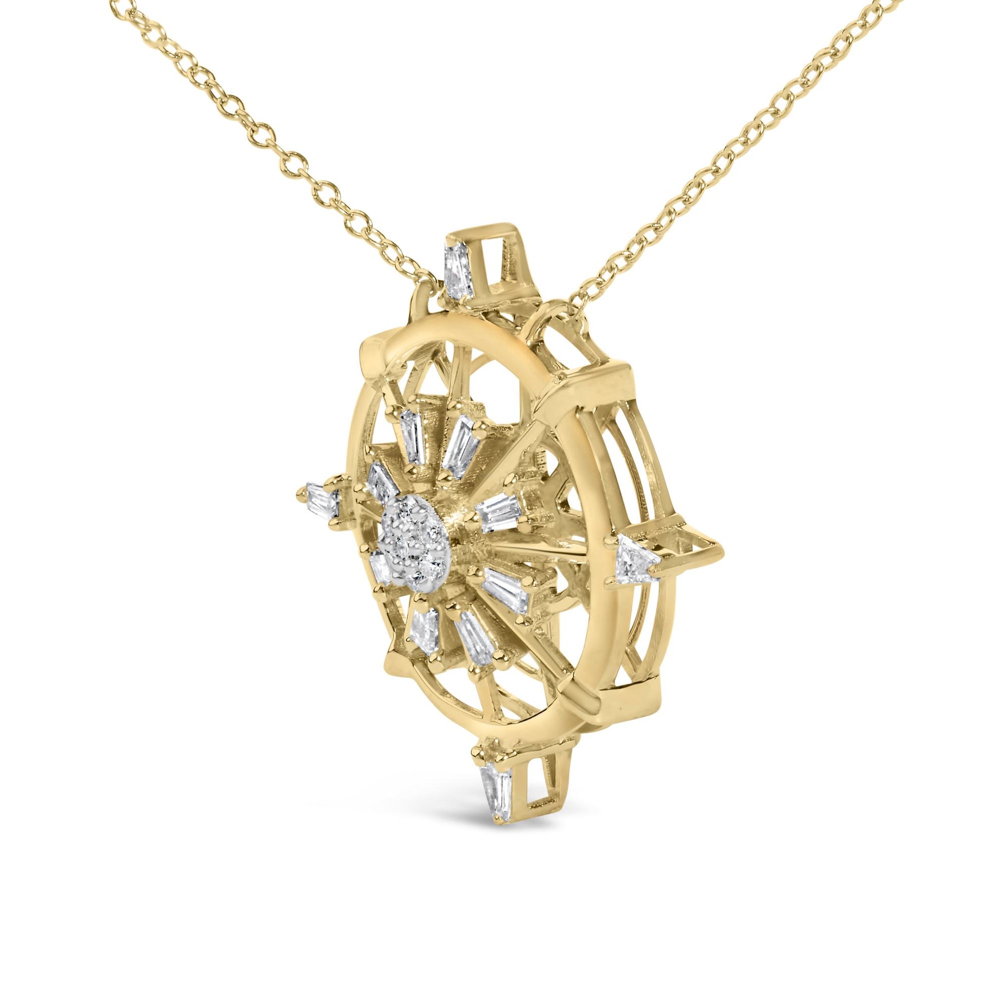 Close-up front angle of a yellow necklace pendant featuring a geometric design with prong-set white baguette and round gemstones arranged in a circular pattern.