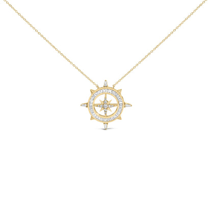 14K Yellow Gold Plated Sterling Silver 1.0 Cttw Diamond Compass Pendant Necklace