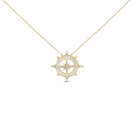 14K Yellow Gold Plated Sterling Silver 1.0 Cttw Diamond Compass Pendant Necklace