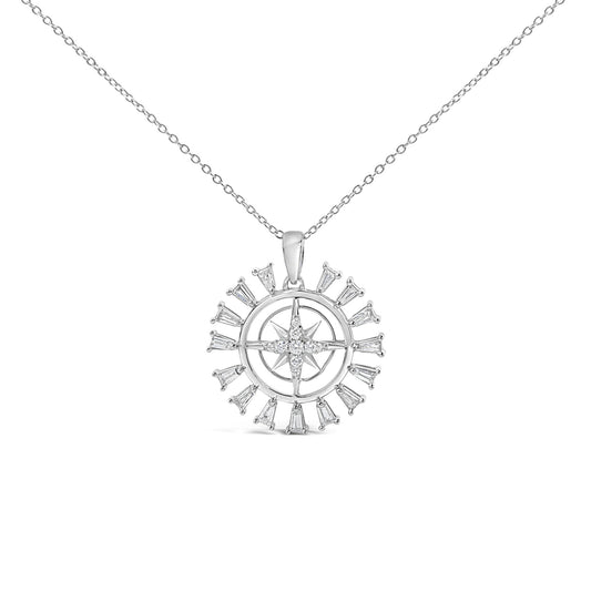 Sterling Silver 1/2 Cttw Diamond Starburst Compass Medallion Pendant Necklace