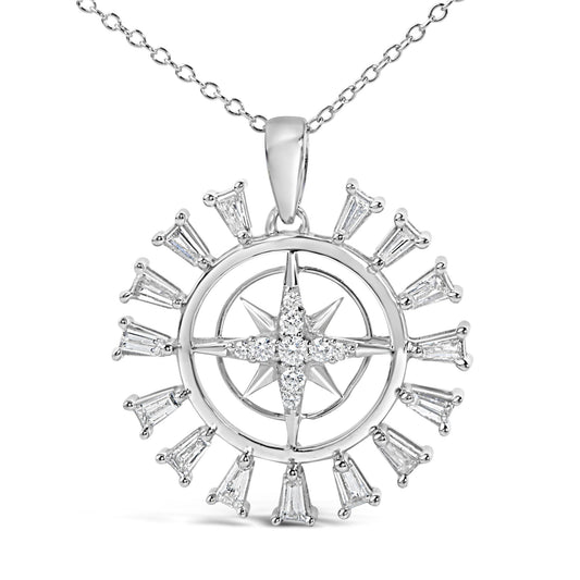 Sterling Silver 1/2 Cttw Diamond Starburst Compass Medallion Pendant Necklace