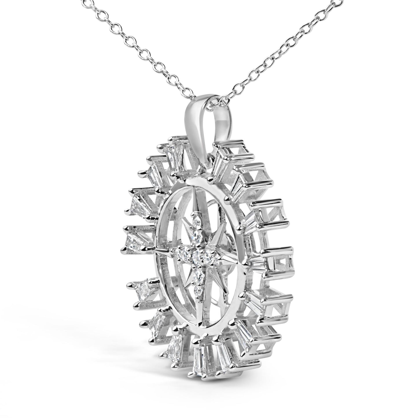 Sterling Silver 1/2 Cttw Diamond Starburst Compass Medallion Pendant Necklace