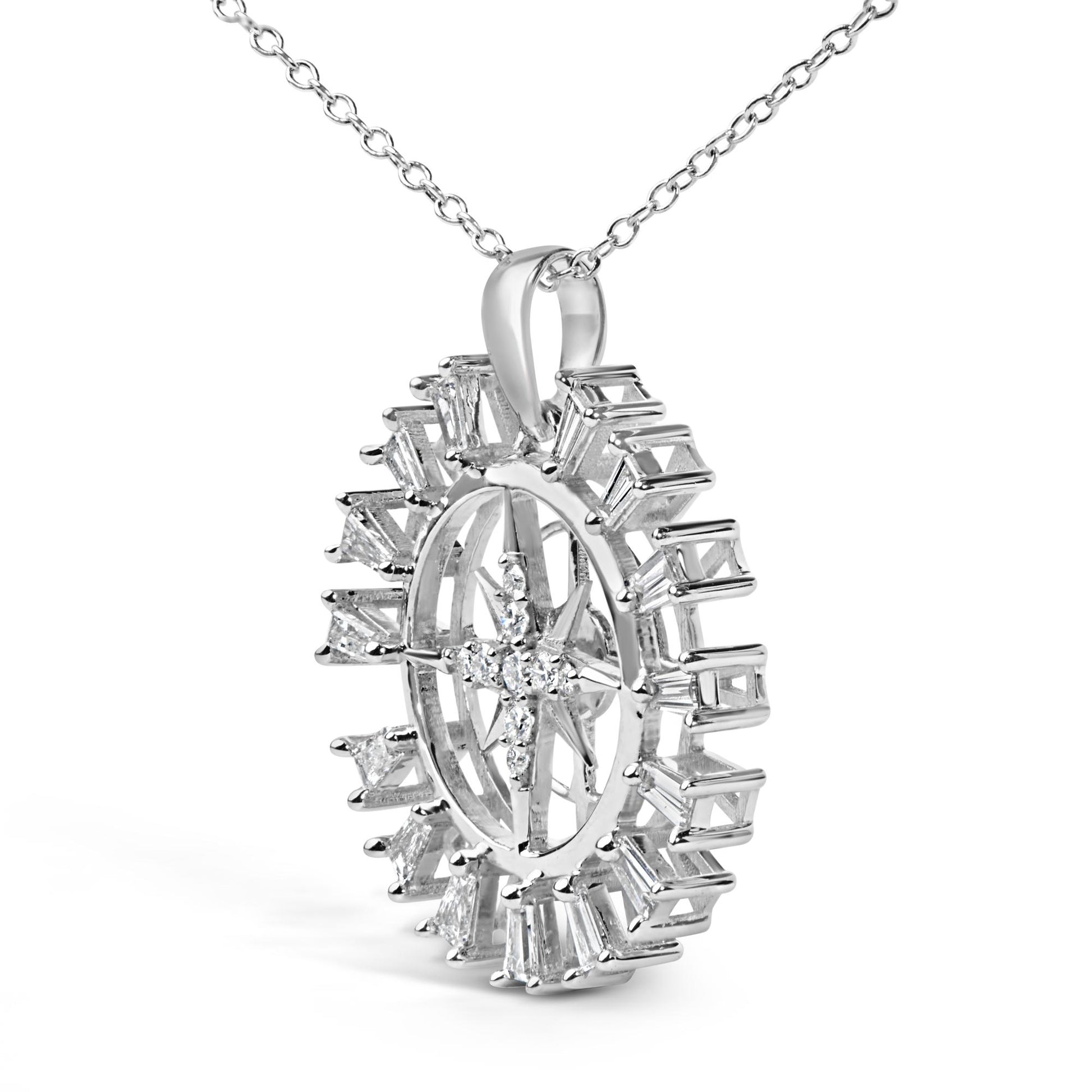 Sterling Silver 1/2 Cttw Diamond Starburst Compass Medallion Pendant Necklace