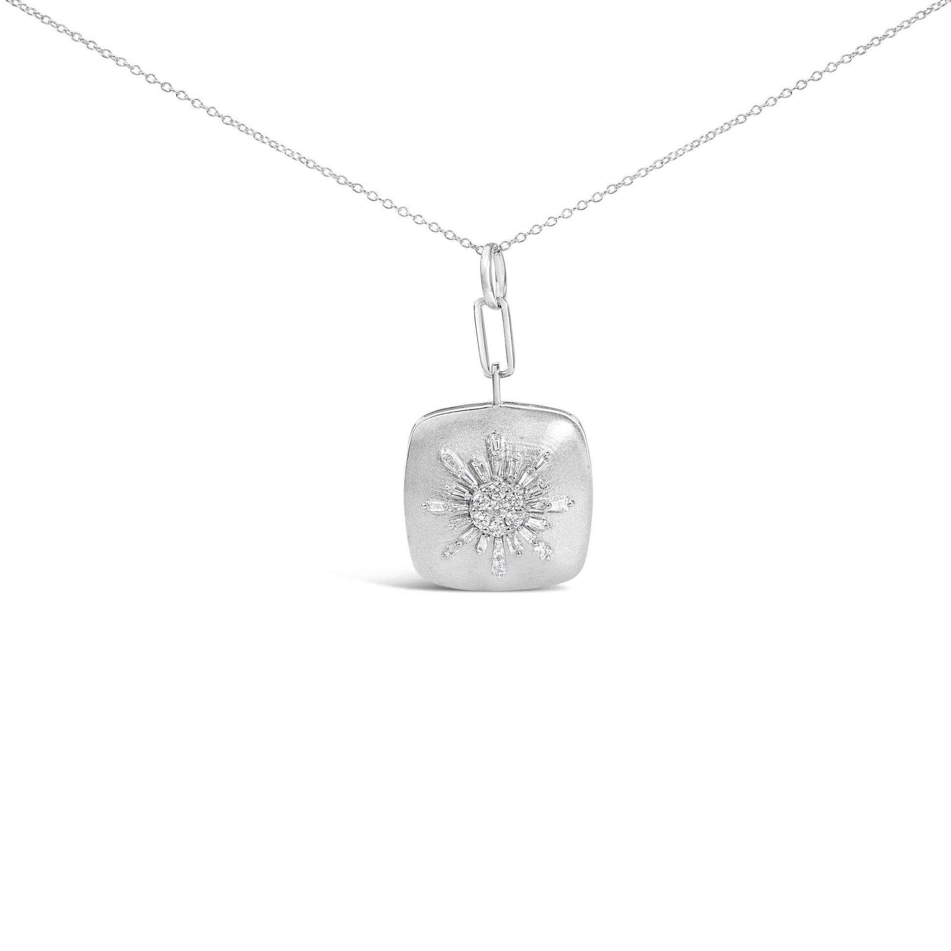 Close-up front view of a white necklace chain with a pendant featuring a sunburst design of baguette and round white gemstones.