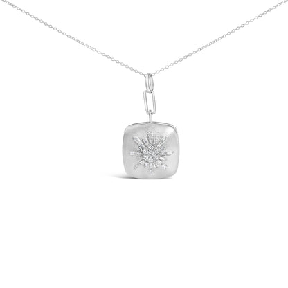 Close-up front view of a white necklace chain with a pendant featuring a sunburst design of baguette and round white gemstones.