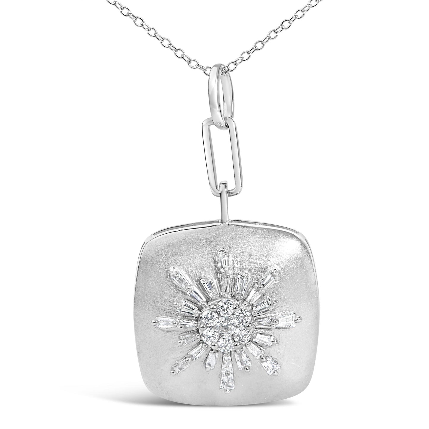 Close-up front view of a white metal necklace pendant with a sunburst design featuring baguette and round white gemstones.