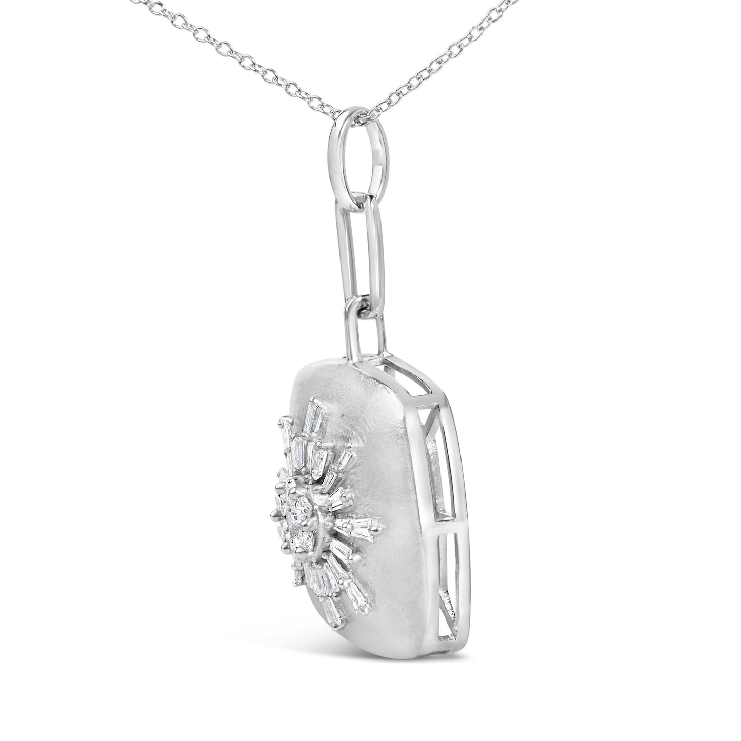 Close-up side angle of a white necklace pendant with a central cluster of white baguette and round gemstones, shown on a white background.