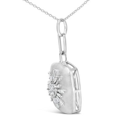 Close-up side angle of a white necklace pendant with a central cluster of white baguette and round gemstones, shown on a white background.