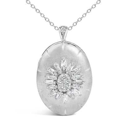 Close-up front view of a white metal necklace with an oval pendant featuring a starburst design composed of round and baguette-shaped white gemstones with prong settings. The necklace is shown on a white background.