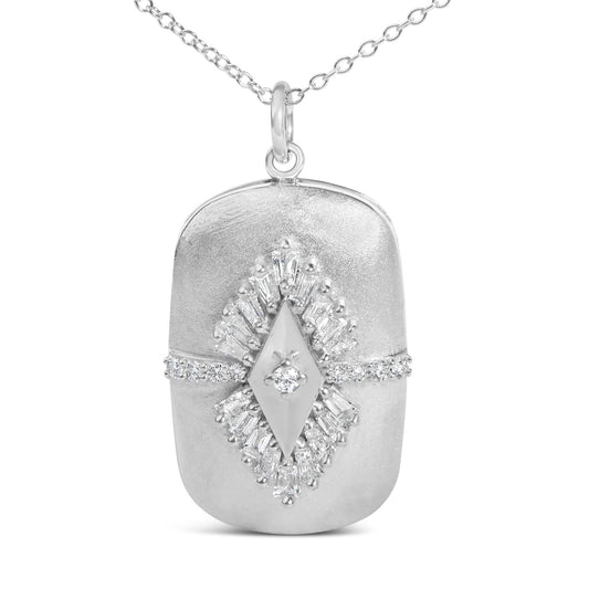 Sterling Silver 3/8 Cttw Diamond Puffed Medallion Design Pendant Necklace