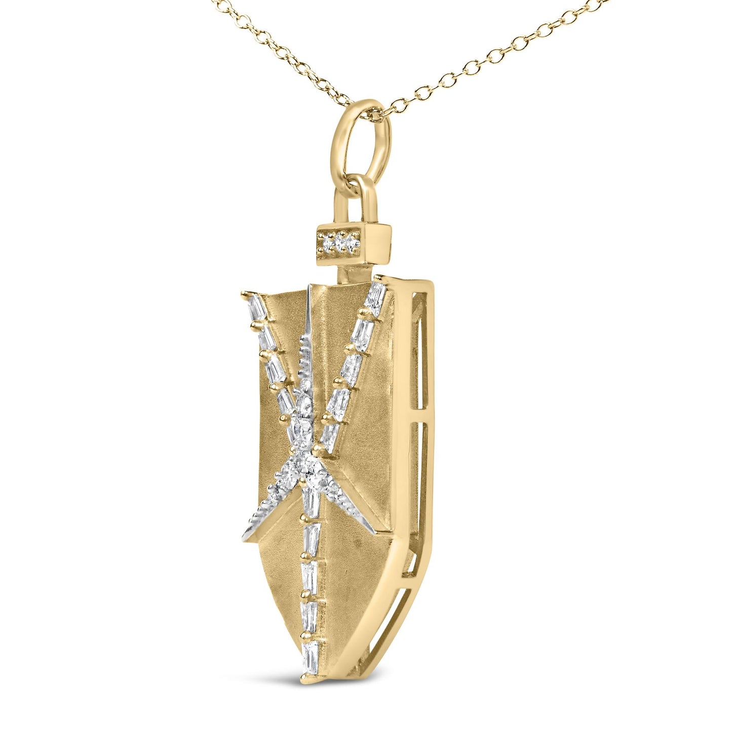 Close-up front angle of a yellow metal necklace pendant in a shield shape with a star design made of baguette and round white gemstones, shown on a white background.