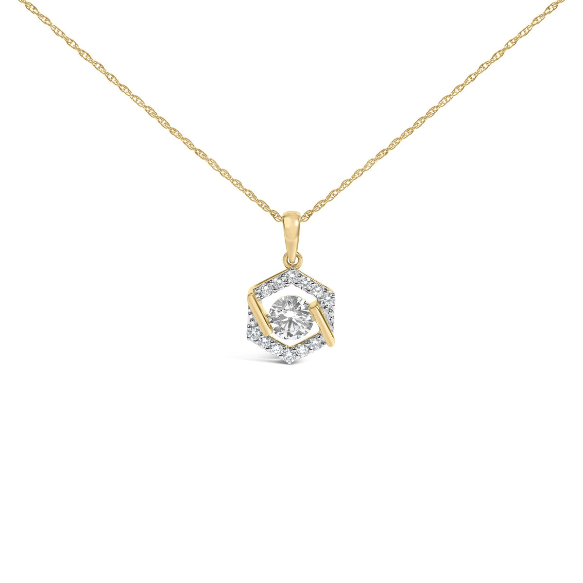 Close-up front angle of a yellow necklace featuring a hexagonal pendant with a round white gemstone center stone surrounded by smaller round white gemstones in prong settings.