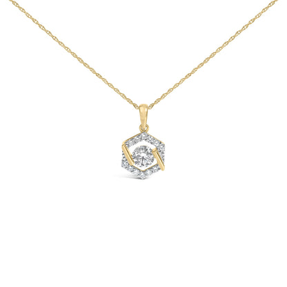 Close-up front angle of a yellow necklace featuring a hexagonal pendant with a round white gemstone center stone surrounded by smaller round white gemstones in prong settings.
