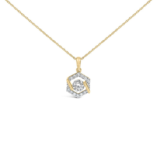 Front view of 14K yellow gold plated sterling silver 3/8 cttw lab grown diamond hex halo pendant necklace on white background
