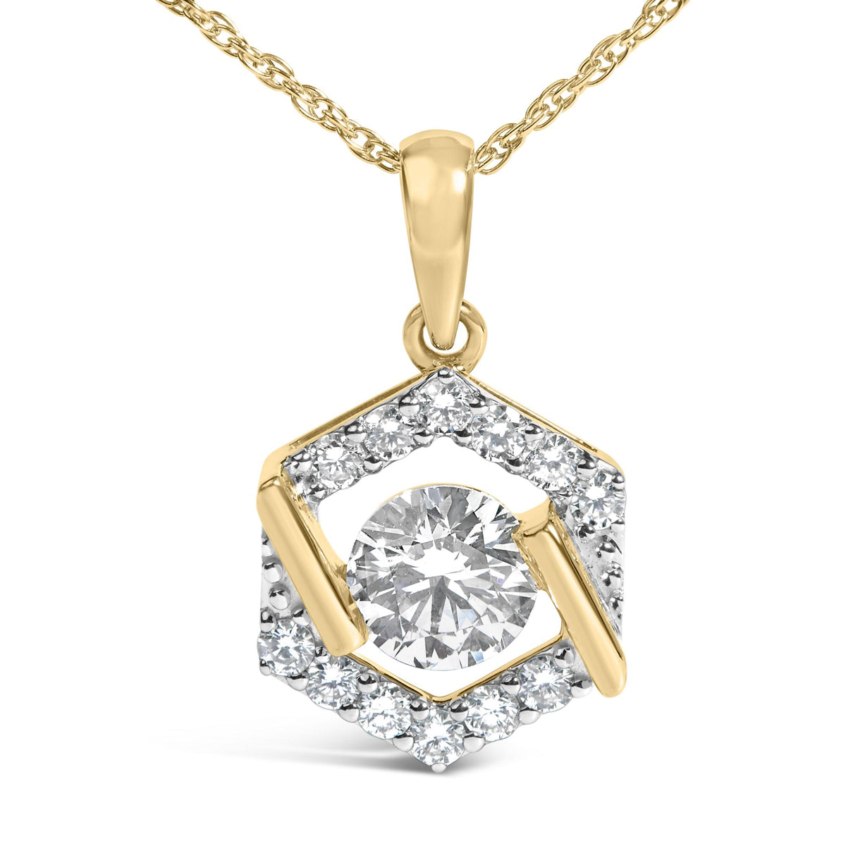 Close-up front angle of a yellow metal necklace pendant with a hexagonal shape outlined by small white gemstones and a single larger white gemstone in the center.