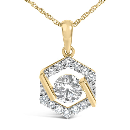 Close-up front angle of a yellow metal necklace pendant with a hexagonal shape outlined by small white gemstones and a single larger white gemstone in the center.
