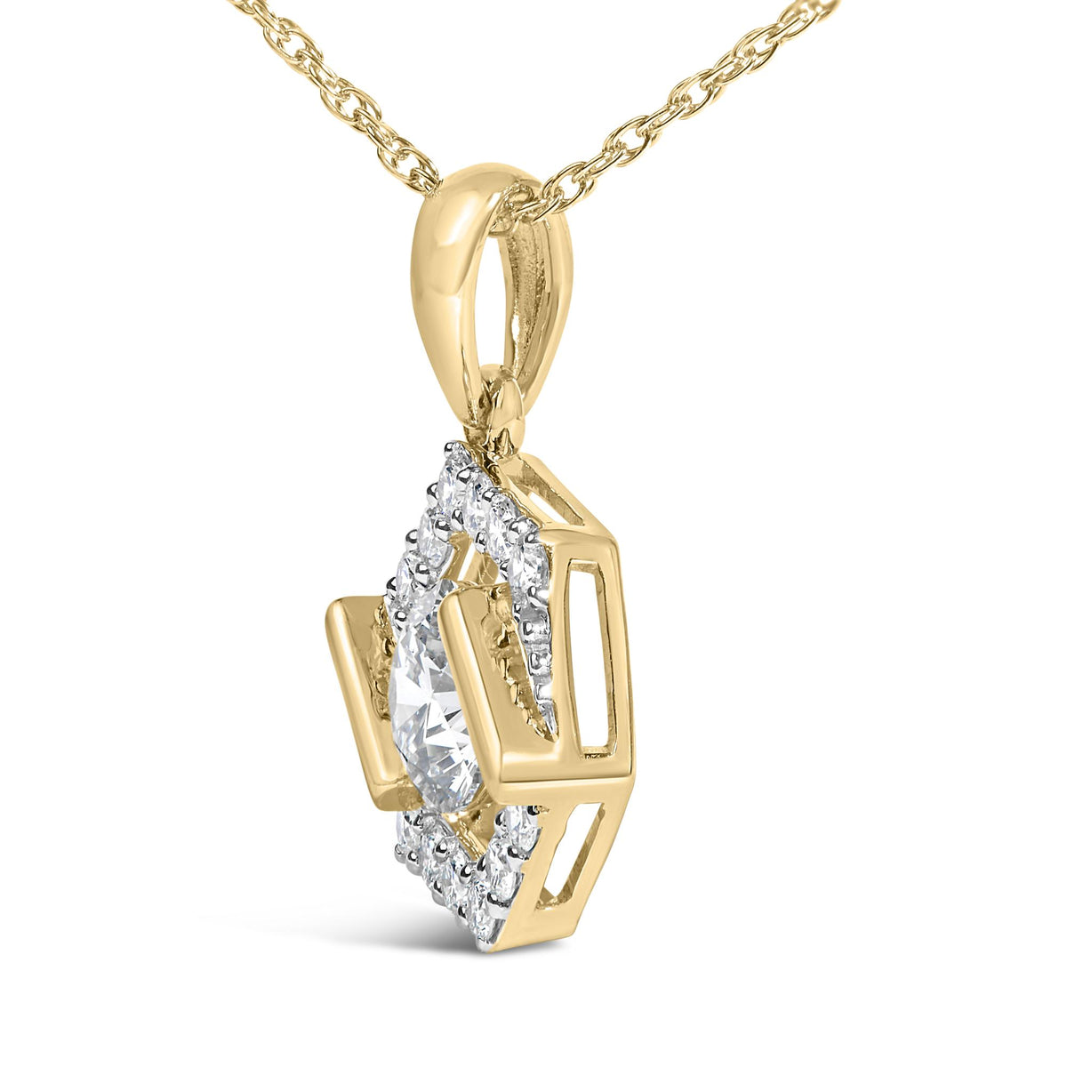 Close-up front angle of yellow metal necklace pendant with a marquise-shaped clear gemstone surrounded by smaller round white gemstones, shown on a white background.
