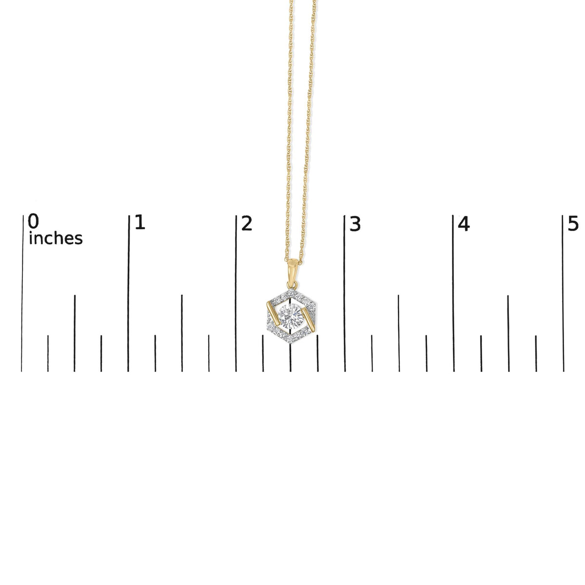 Yellow necklace with a hexagonal pendant featuring a central round white gemstone surrounded by smaller white gemstones, shown hanging on a scale, front view.
