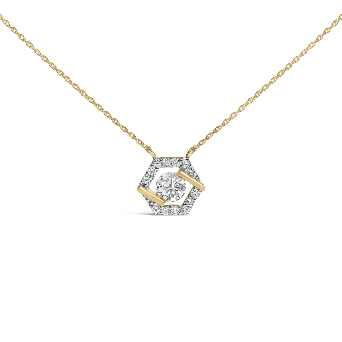 Close-up front view of a yellow metal necklace with a hexagonal pendant featuring a single round white gemstone in the center, surrounded by smaller round white gemstones in a prong setting.