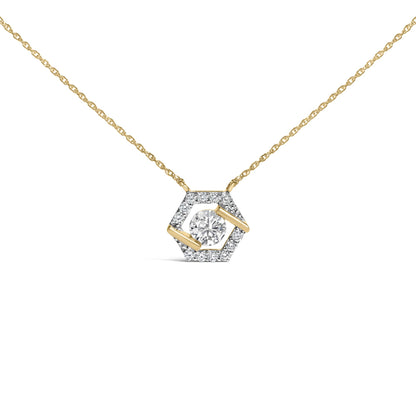 Close-up front view of a yellow metal necklace with a hexagonal pendant featuring a single round white gemstone in the center, surrounded by smaller round white gemstones in a prong setting.