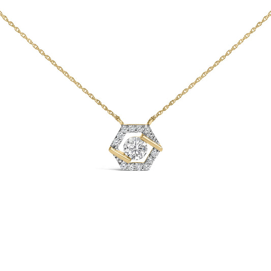 Front view of 14K yellow gold plated sterling silver lab grown diamond hex halo necklace showcasing 3/8 cttw pendant on white