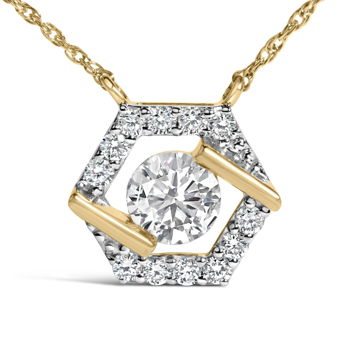 Close-up front view of a yellow metal necklace with a hexagonal pendant featuring a central round white gemstone surrounded by smaller white gemstones in prong settings.