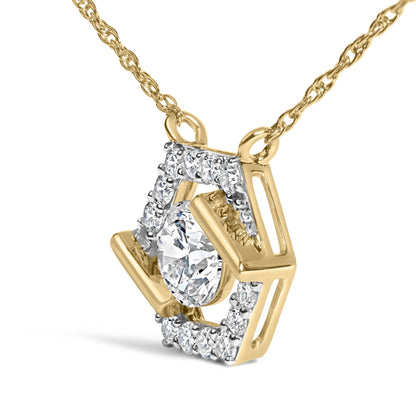 Close-up front angle view of a yellow metal necklace pendant featuring a large pear-shaped white gemstone in the center, surrounded by a geometric frame set with multiple smaller round white gemstones in prong settings.