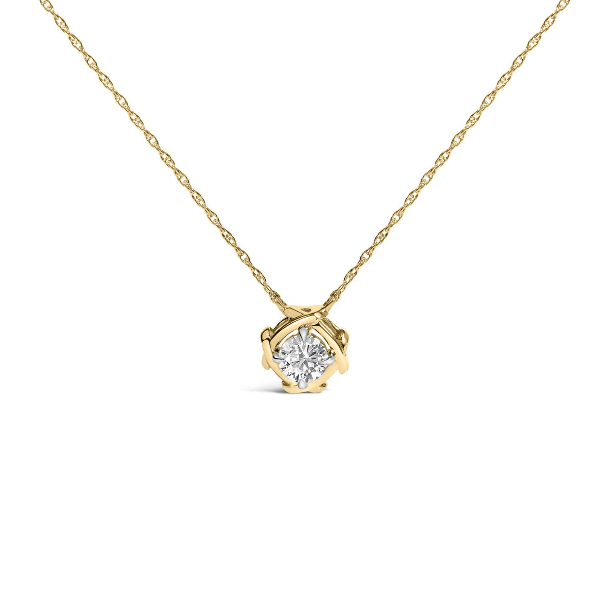 Close-up front view of a yellow metal necklace with a pendant featuring one round white gemstone in a prong setting.
