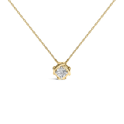 Close-up front view of a yellow metal necklace with a pendant featuring one round white gemstone in a prong setting.