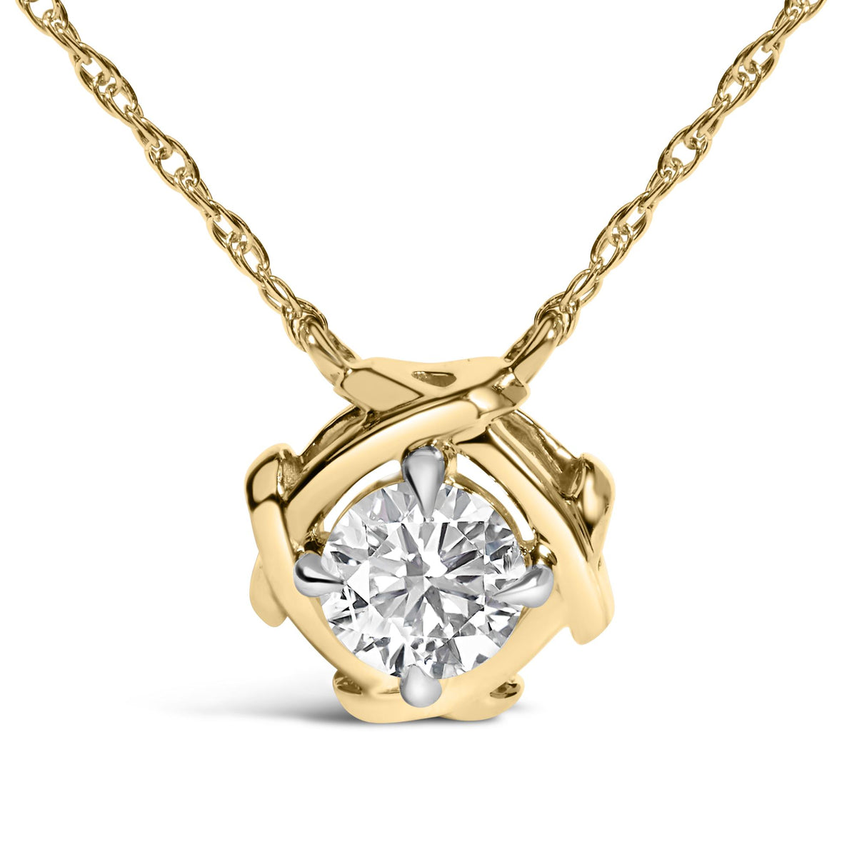 Close-up front angle view of a yellow metal necklace with an intricate pendant featuring a prong-set round white gemstone in the center.